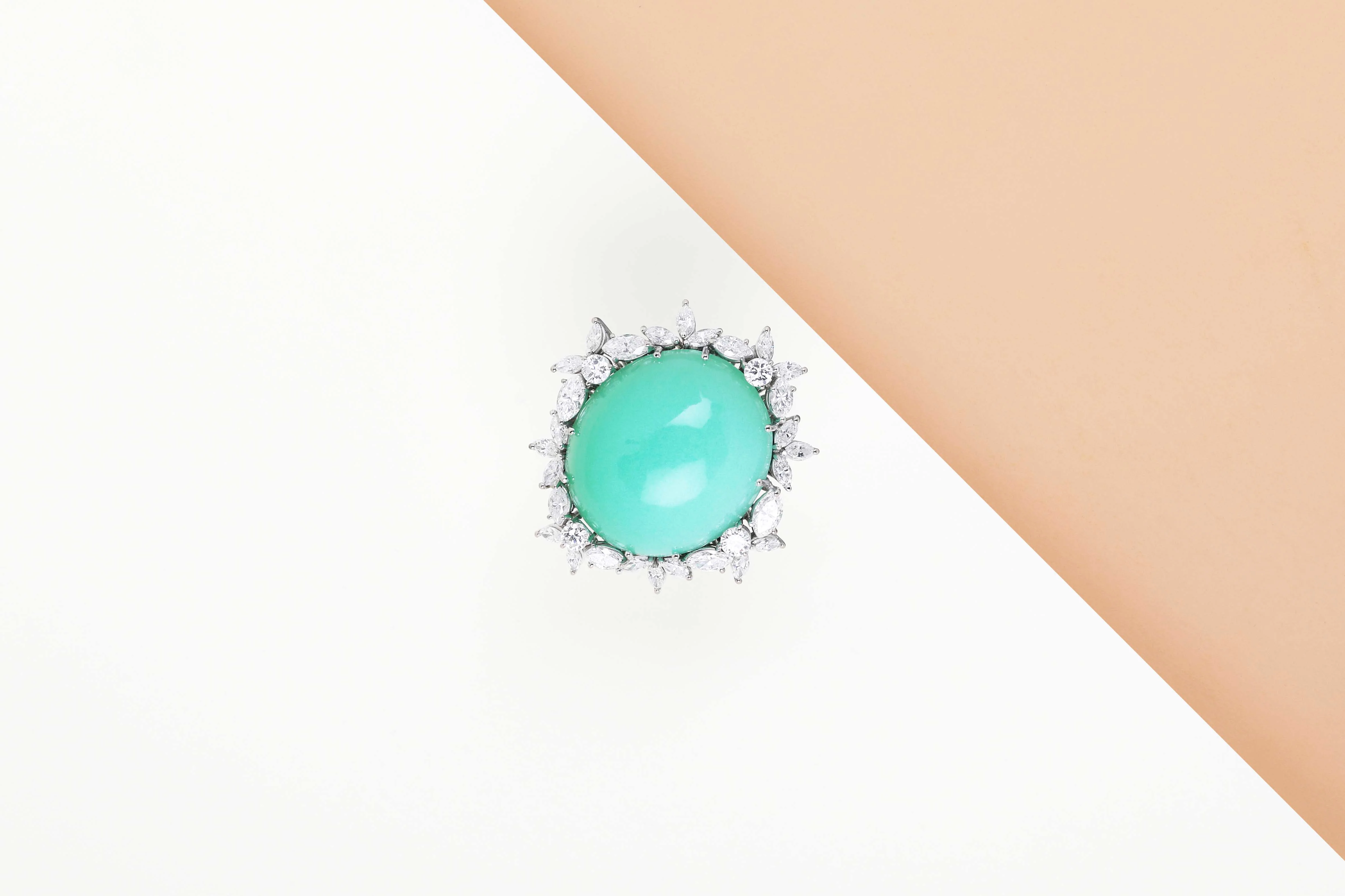 18ct. White Gold Ring - Size 56 - Chrysopraas - 4 Round Cut Diamonds - 20 Small Navette Cut Diamonds - 8 Big Navette Cut Diamonds - Image 2