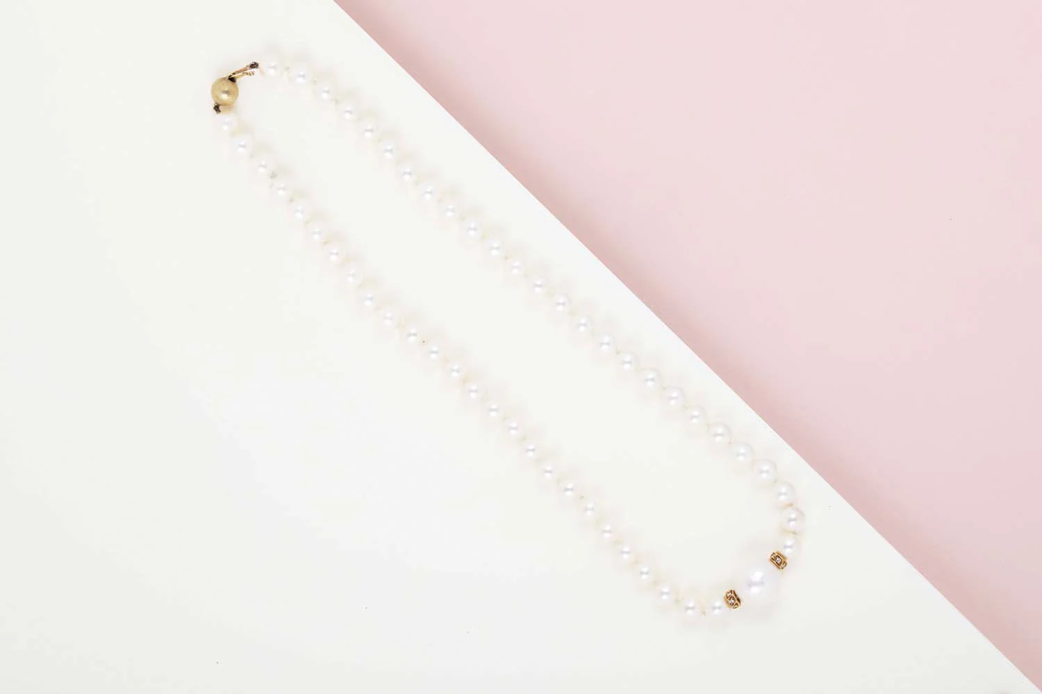 Pearl Necklace - Yellow Gold & Diamonds - 46CM