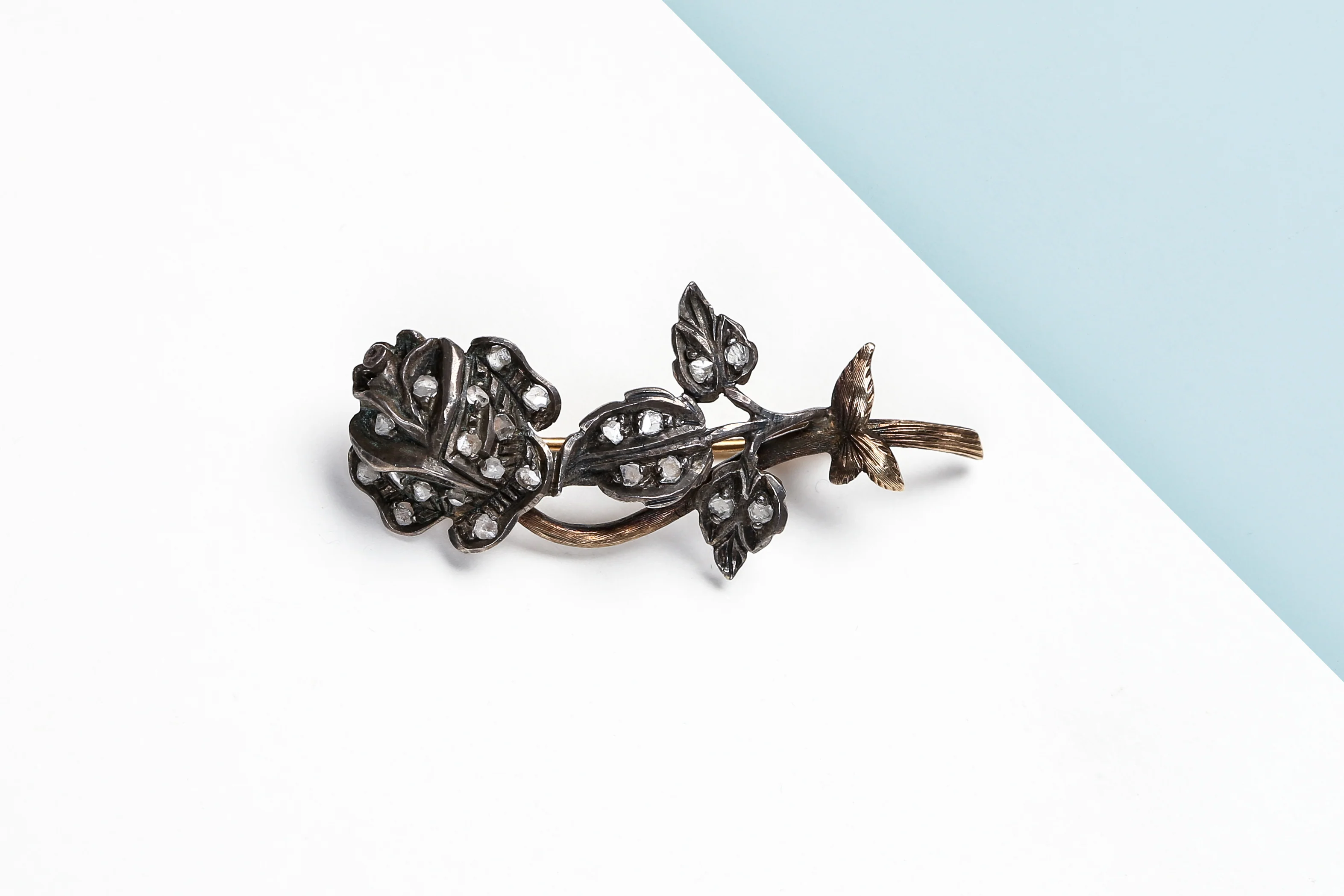 Silver and 18 ct. Rose Gold Brooch - Rose Cut Diamonds