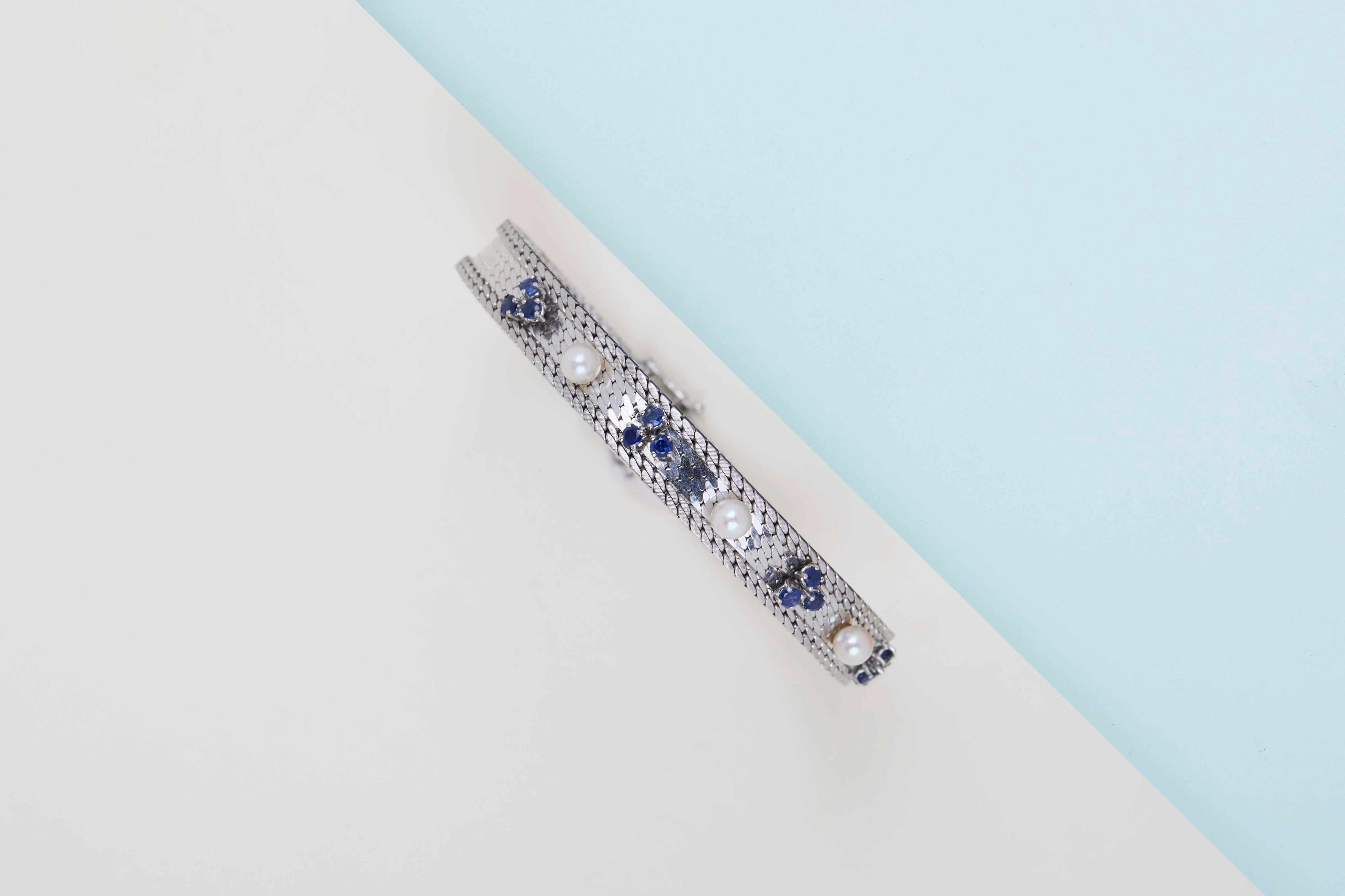 14 ct. White Gold Bracelet - Pearls & Sapphires - 19CM - Image 2
