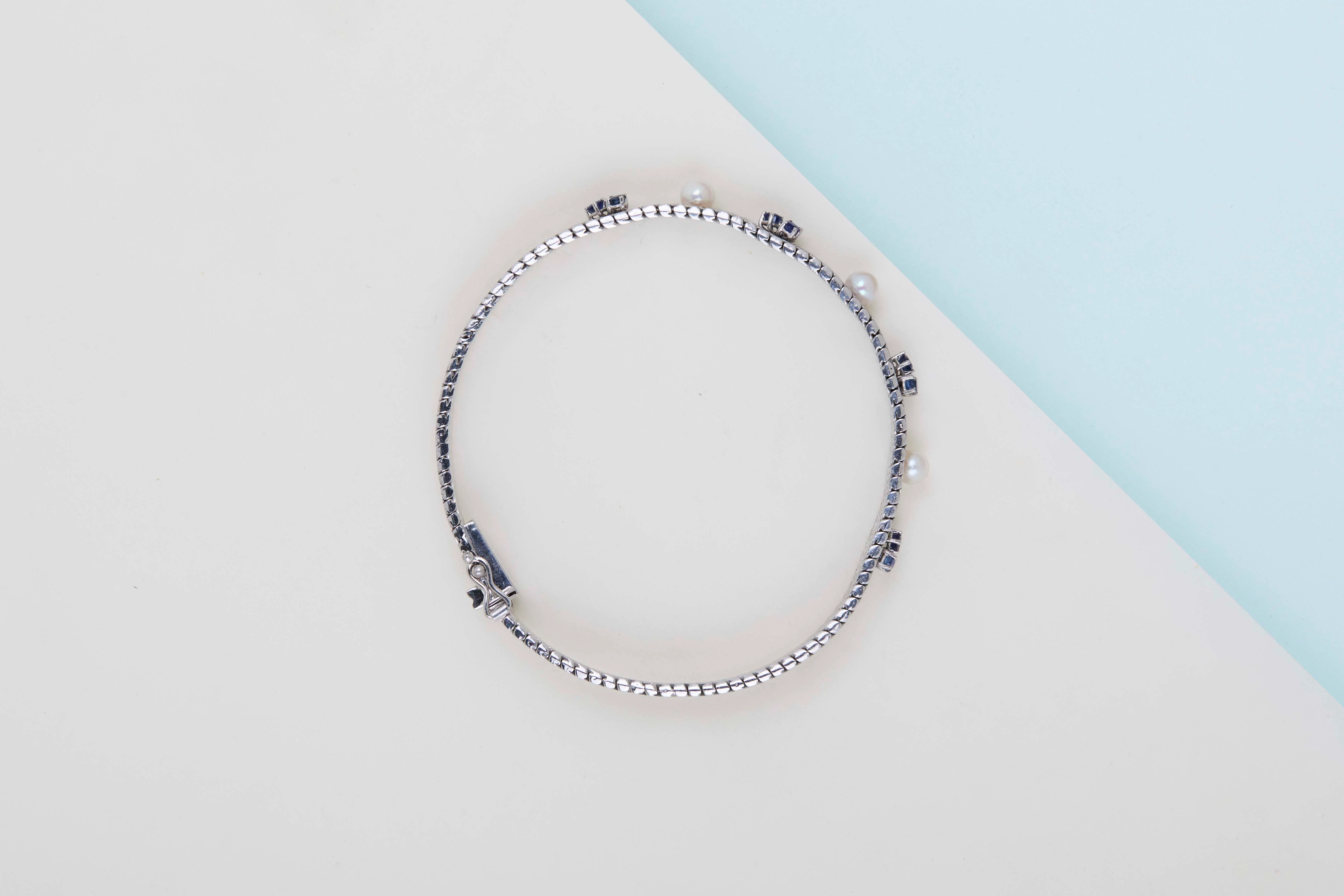 14 ct. White Gold Bracelet - Pearls & Sapphires - 19CM - Image 3