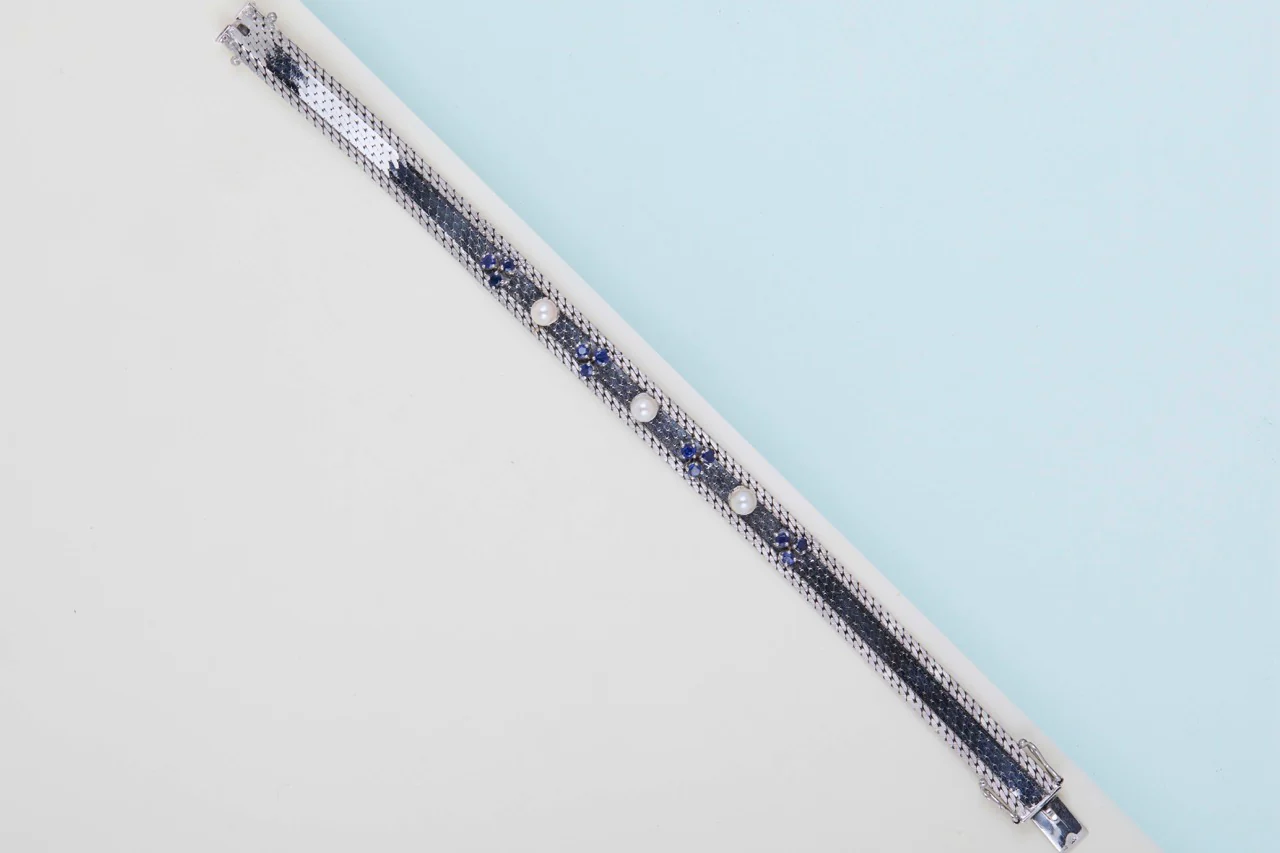 14 ct. White Gold Bracelet - Pearls & Sapphires - 19CM - Image 4